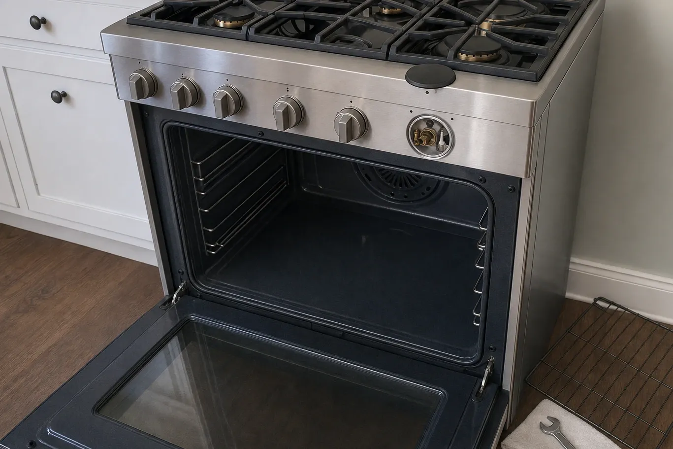 Gas range with brass burner ports, oven door open on the cavity and a gas valve exposed in the control panel